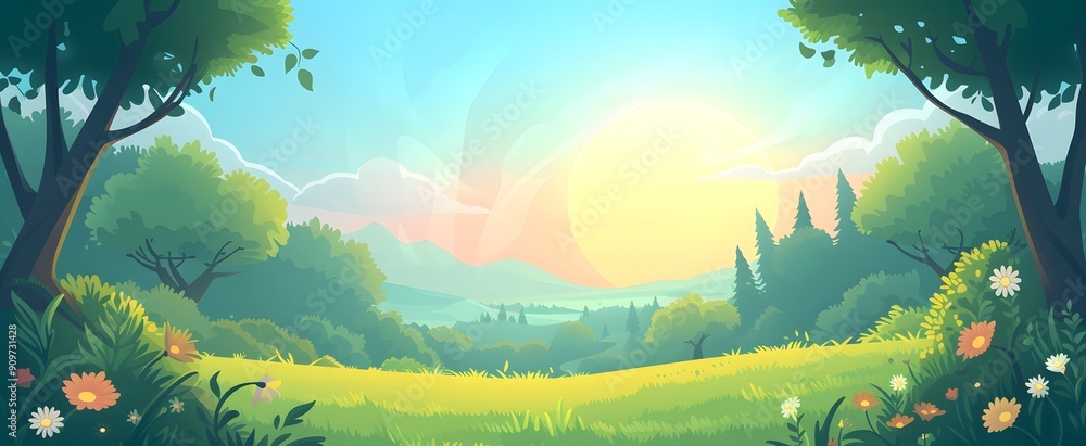 Colorful cartoon landscape with rolling hills and bright sunshine, background. Flat illustration. Colorful cartoon landscape with rolling hills and bright sunshine, background. Flat illustration.