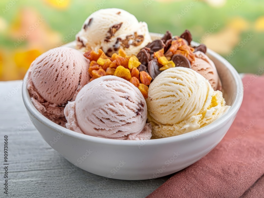 Bowl of rich, cold ice cream with autumn toppings, served on a table with a backdrop of a crisp, fall day Bowl of rich, cold ice cream with autumn toppings, served on a table with a backdrop of a crisp, fall day