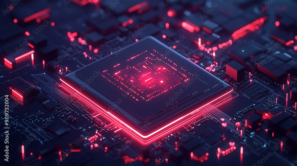 A close up of a computer chip with many lights on it. Concept of complexity and technology A close up of a computer chip with many lights on it. Concept of complexity and technology
