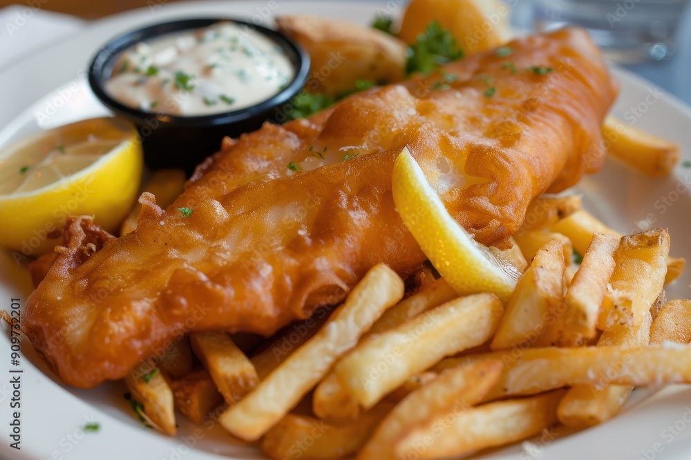 A plate of fish and chips, featuring crispy battered fish and golden fries, served with tartar sauce and a wedge of lemon A plate of fish and chips, featuring crispy battered fish and golden fries, served with tartar sauce and a wedge of lemon