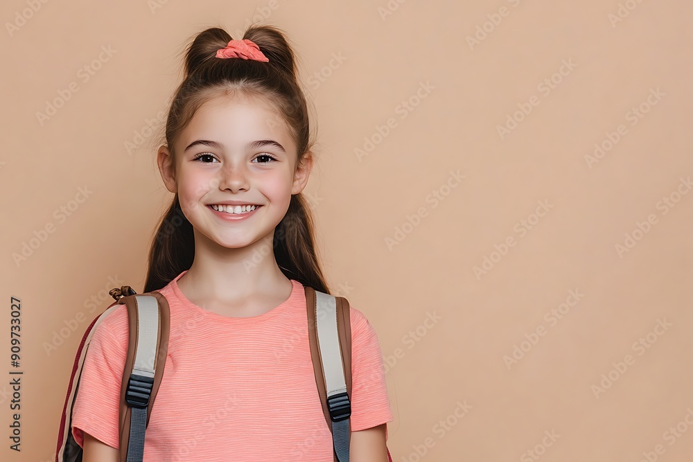 Smiling Schoolgirl with Backpack Against Solid Background Smiling Schoolgirl with Backpack Against Solid Background