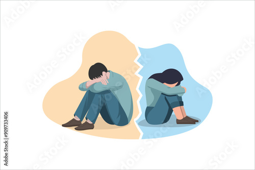 Problems in couple relations concept. Young sad depressed couple sitting back to back crying feeling lonely having bad relationships splitting up vector illustration