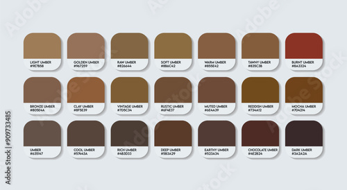 Umber Color Palette, Umber Color Guide Palette with Color Names. Catalog Samples of the Brown with RGB HEX codes and Names. Wood Color Palette Vector, Water-based paint Colors, and Fashion Trend Brown