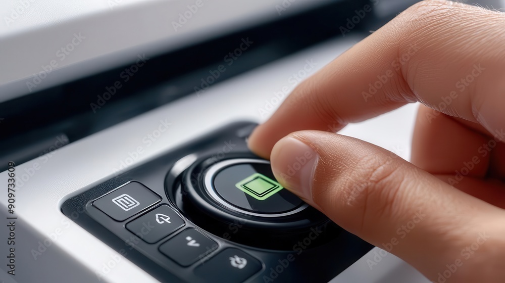 Close-up of a hand pressing a digital button on a modern device, showcasing technology and user interaction. Close-up of a hand pressing a digital button on a modern device, showcasing technology and user interaction.