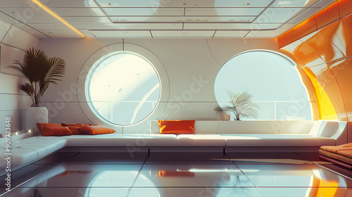 A futuristic living room with large circular windows, white walls, and a white sofa with orange cushions. The room has a bright and airy feel, with plenty of natural light. photo