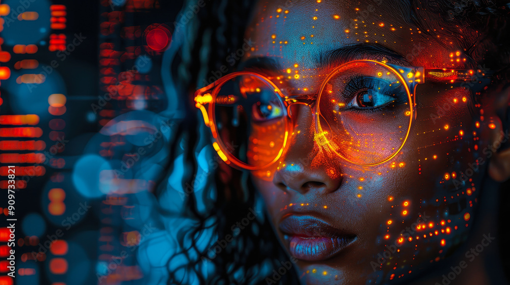 Black African American IT Specialist Analyzing AI Cyber Security Threats, Technology Collage, Night Setting, Digital Future Concept Black African American IT Specialist Analyzing AI Cyber Security Threats, Technology Collage, Night Setting, Digital Future Concept