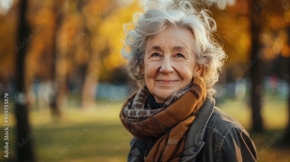 old woman smiling happily happy expression standing in park with trees and green leaves blur on sunny day old woman smiling happily happy expression standing in park with trees and green leaves blur on sunny day