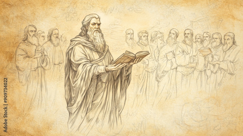 Fototapeta premium Tithing Laws: Deuteronomy's Additional Laws for Supporting Levites and Needy. Biblical illustration with beige background, showing Moses explaining tithing.