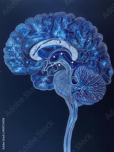 Detailed diagram of brain structure, showing internal structure, 3D rendered.