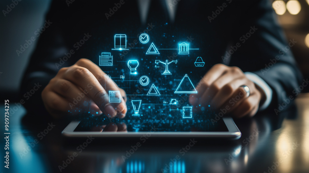 A man is holding a tablet with a blue screen that has a lot of numbers and graphs on it A man is holding a tablet with a blue screen that has a lot of numbers and graphs on it