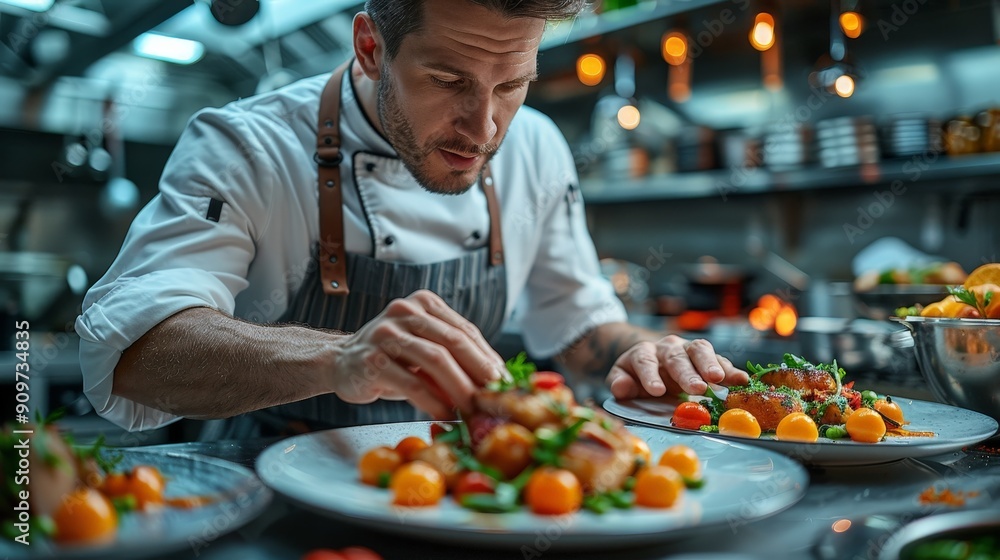 A master chef meticulously plating a gourmet dish in a high-end restaurant kitchen A master chef meticulously plating a gourmet dish in a high-end restaurant kitchen