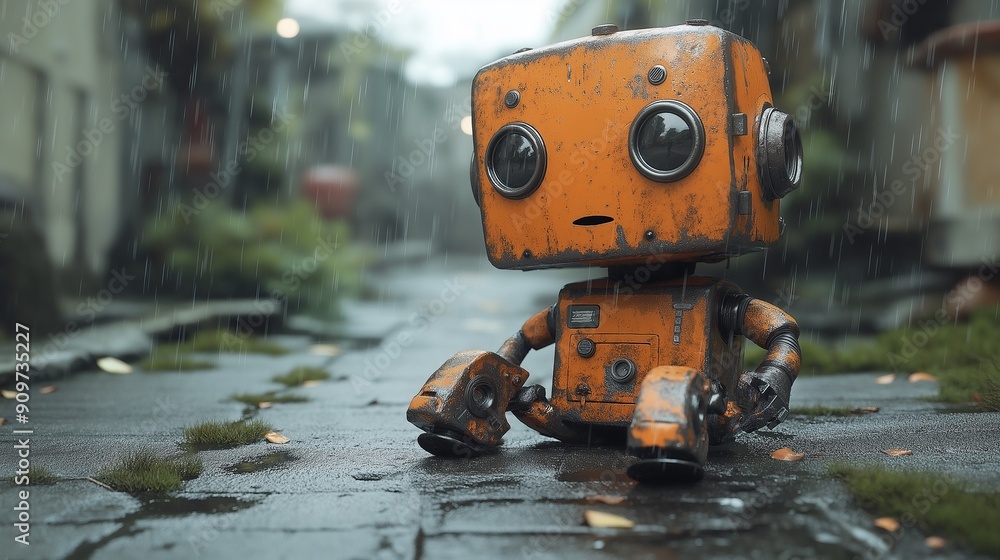 Cute little orange robot in a steampunk style, wide-angle shot. Ideal for steampunk enthusiasts and unique character art. Cute little orange robot in a steampunk style, wide-angle shot. Ideal for steampunk enthusiasts and unique character art.
