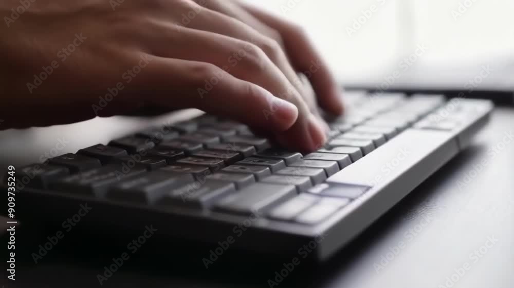 Close up of hands typing on a keyboard, showcasing technology and productivity in a modern workspace Close up of hands typing on a keyboard, showcasing technology and productivity in a modern workspace