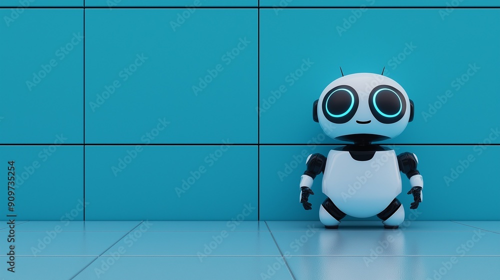 Cute robot standing alone against a blue gradient wall, blending realism with a happy, minimalist design. Has copy space. Cute robot standing alone against a blue gradient wall, blending realism with a happy, minimalist design. Has copy space.