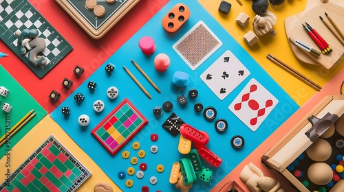 Different board games on color background top view photo