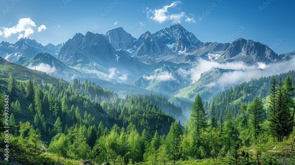 Majestic Mountain Range with Green Forest Majestic Mountain Range with Green Forest