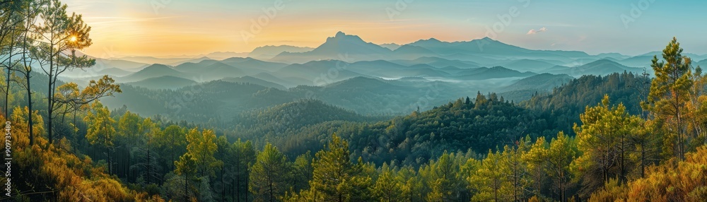 Sunset Over Rolling Hills and Forested Landscape Sunset Over Rolling Hills and Forested Landscape