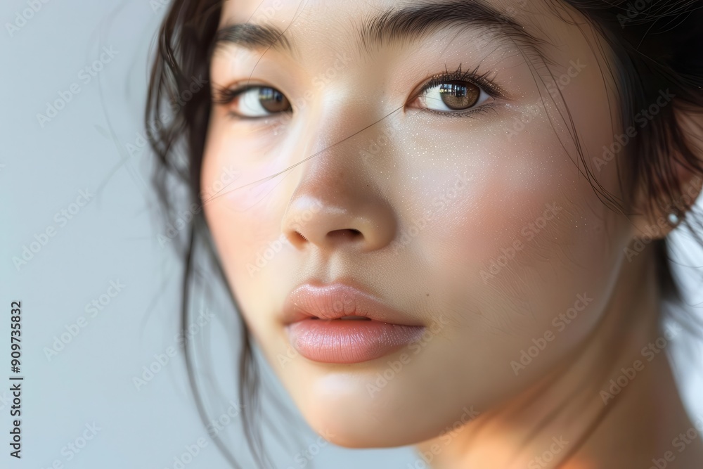 serene closeup of an asian womans face porcelainlike skin glowing under soft studio lighting radiating beauty and tranquility against a pure white backdrop serene closeup of an asian womans face porcelainlike skin glowing under soft studio lighting radiating beauty and tranquility against a pure white backdrop