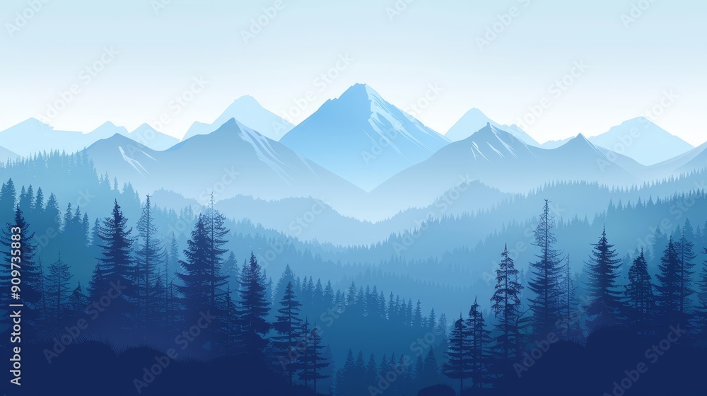 Blue-Toned Mountain Range and Forest Silhouette Blue-Toned Mountain Range and Forest Silhouette
