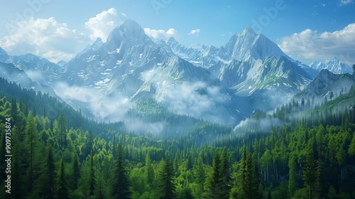 Majestic Mountain Range with Misty Forest