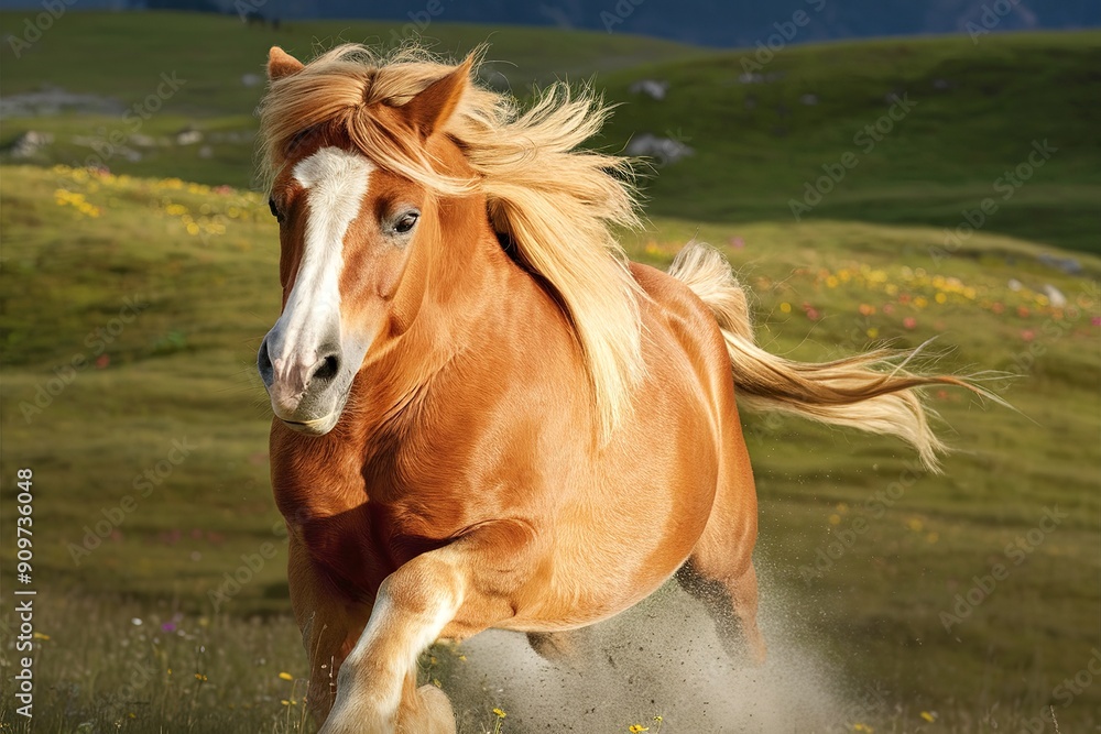 Obraz premium A brown horse with long hair is running through a field