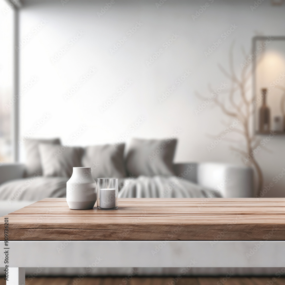 Empty wooden surface white vase and a candle holder, with a blurred living room in the background Empty wooden surface white vase and a candle holder, with a blurred living room in the background