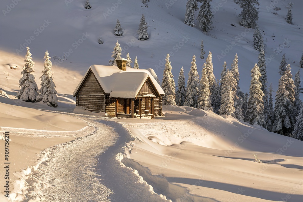 A small cabin is surrounded by snow and trees A small cabin is surrounded by snow and trees