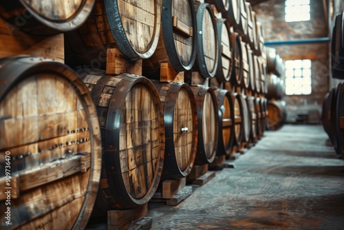 Oak wine barrels in old dark wine cellar Stacks of cognac, brandy, beer, whiskey barrels are made in a warehouse