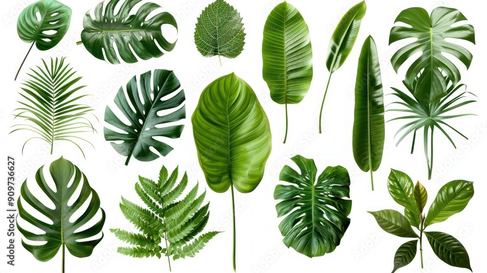 Set of natural tropical green leaves from different plants, displaying a range of leaf structures and designs, on a transparent PNG background. Set of natural tropical green leaves from different plants, displaying a range of leaf structures and designs, on a transparent PNG background.