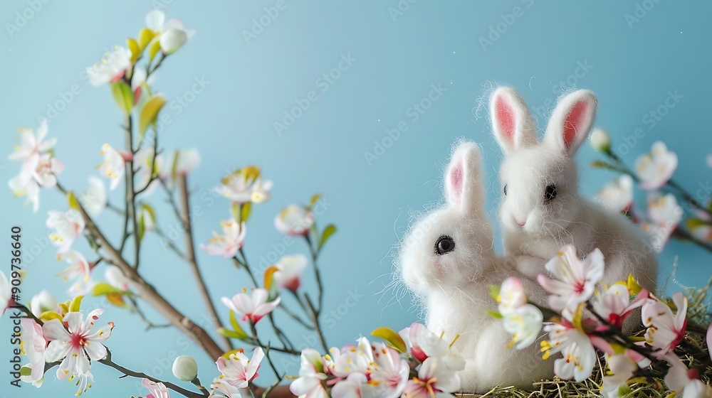 Easter bunnies made of wool on a flowering branch isolated on colorful background Easter bunnies made of wool on a flowering branch isolated on colorful background