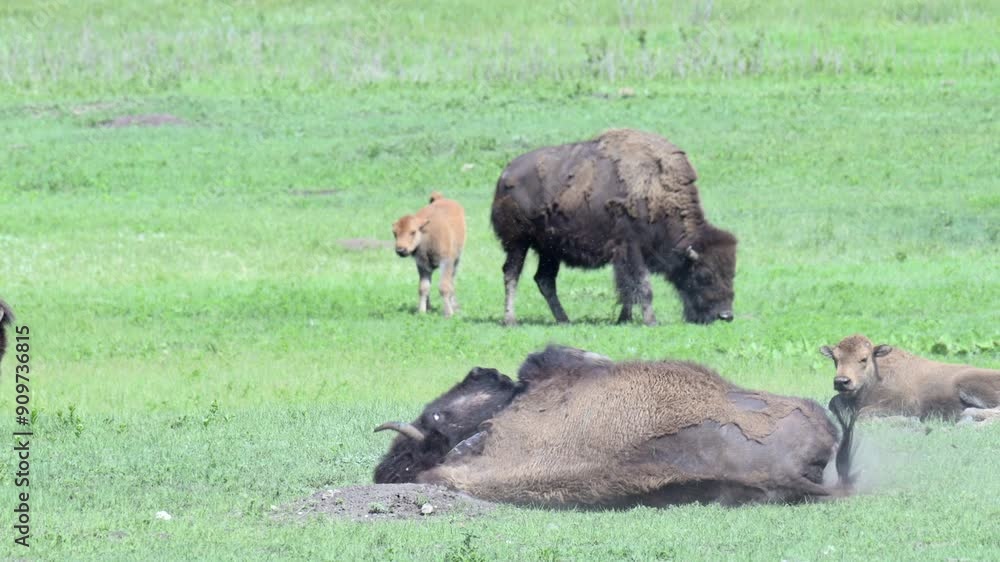 American Bison (Bison bison) rolling in dust with calf resting beside her on the prairie grasslands American Bison (Bison bison) rolling in dust with calf resting beside her on the prairie grasslands