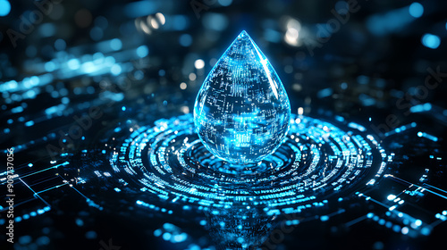 digital blue water drop icon with binary code, artificial intelligence in water resource management, hydrology modeling, environmental monitoring, analysis for sustainable conservation efforts photo