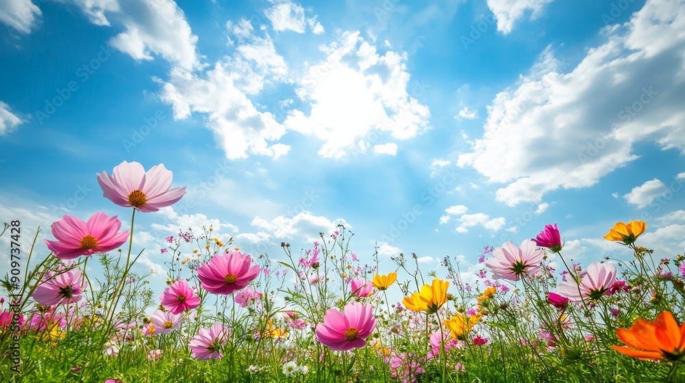 Colorful cosmos flowers in a meadow under a blue sky with clouds Colorful cosmos flowers in a meadow under a blue sky with clouds