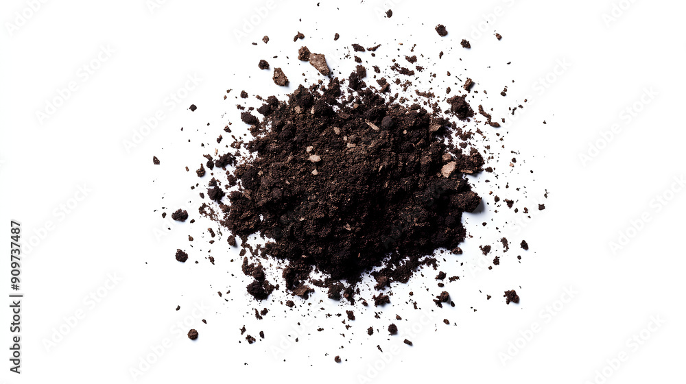 Dirt scattered, soil pile flying isolated on white background Dirt scattered, soil pile flying isolated on white background