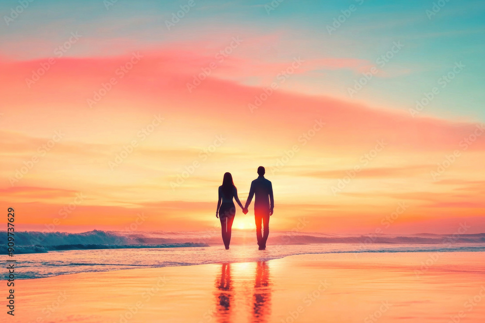 Fototapeta premium A couple holding hands at sunset with space for text.
