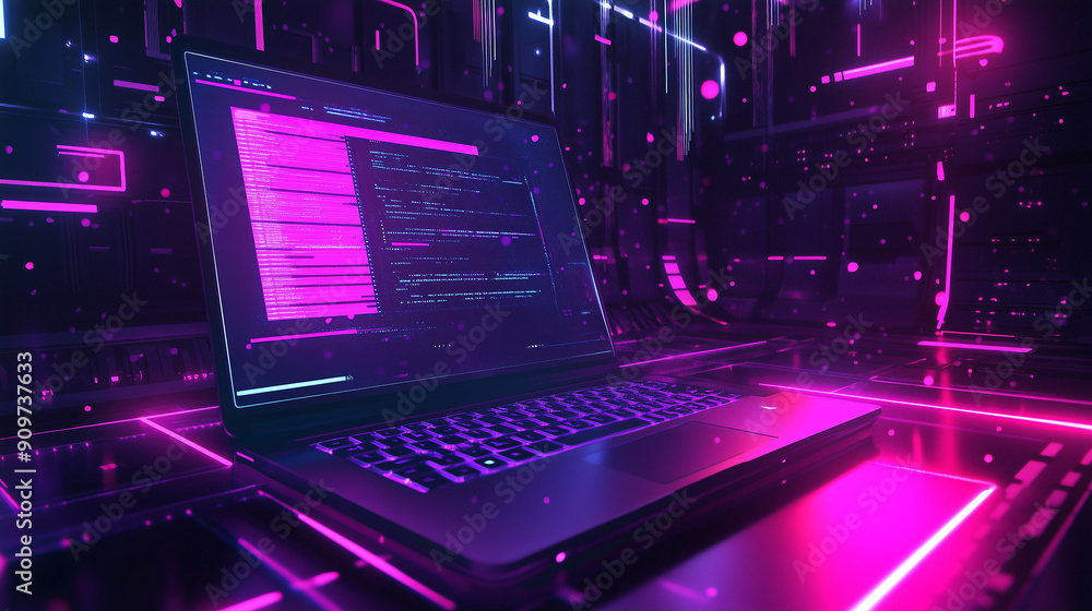 A laptop is displayed on a computer chip with a purple background. The laptop is open and the screen is black A laptop is displayed on a computer chip with a purple background. The laptop is open and the screen is black