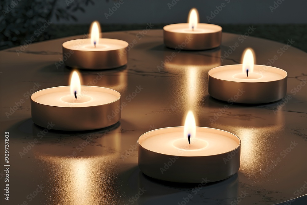 A serene setting with five tealight candles placed on a reflective surface A serene setting with five tealight candles placed on a reflective surface