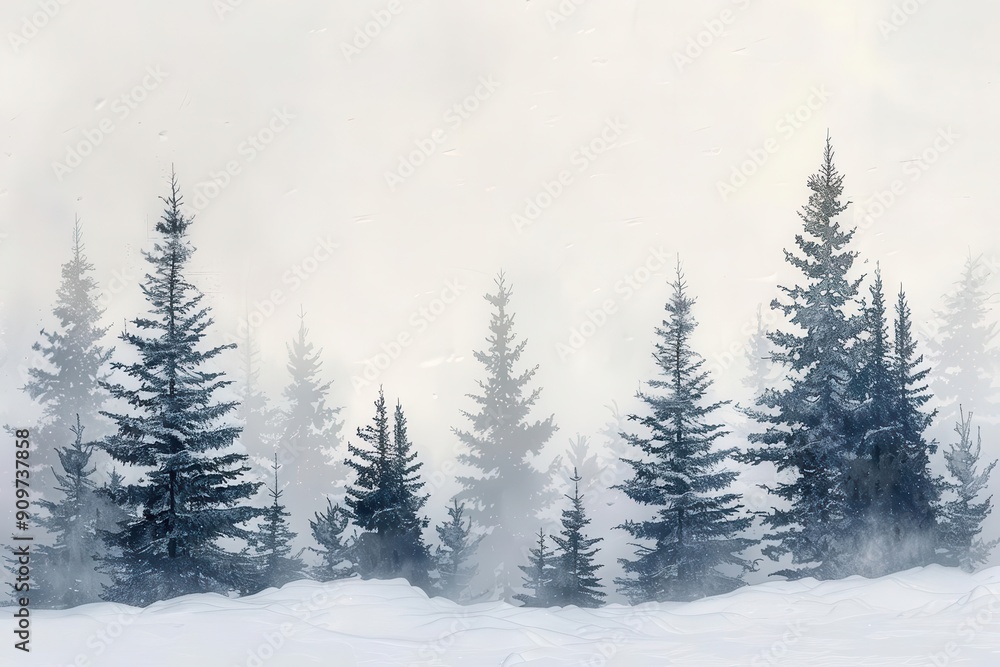 serene winter landscape of snowladen pine trees their dark silhouettes stark against a misty pale sky creating a hushed and ethereal atmosphere serene winter landscape of snowladen pine trees their dark silhouettes stark against a misty pale sky creating a hushed and ethereal atmosphere