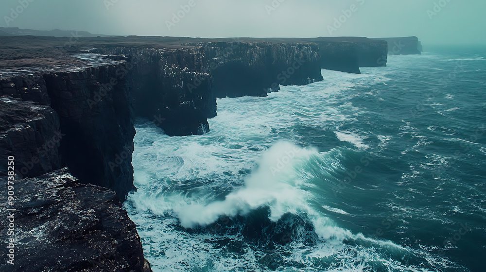 Fototapeta premium A rugged coastline, crashing waves, dramatic cliffs. Generative AI illustration
