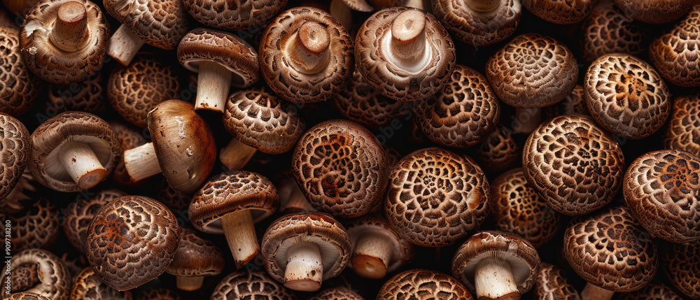 View of a bunch of fresh Mushroom vegetables with neatly stacked leaves arranged from above on a wide flat textured background View of a bunch of fresh Mushroom vegetables with neatly stacked leaves arranged from above on a wide flat textured background