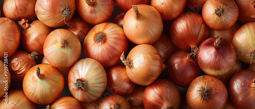 View of a bunch of fresh Onion vegetables with neatly stacked leaves arranged from above on a wide flat textured background 