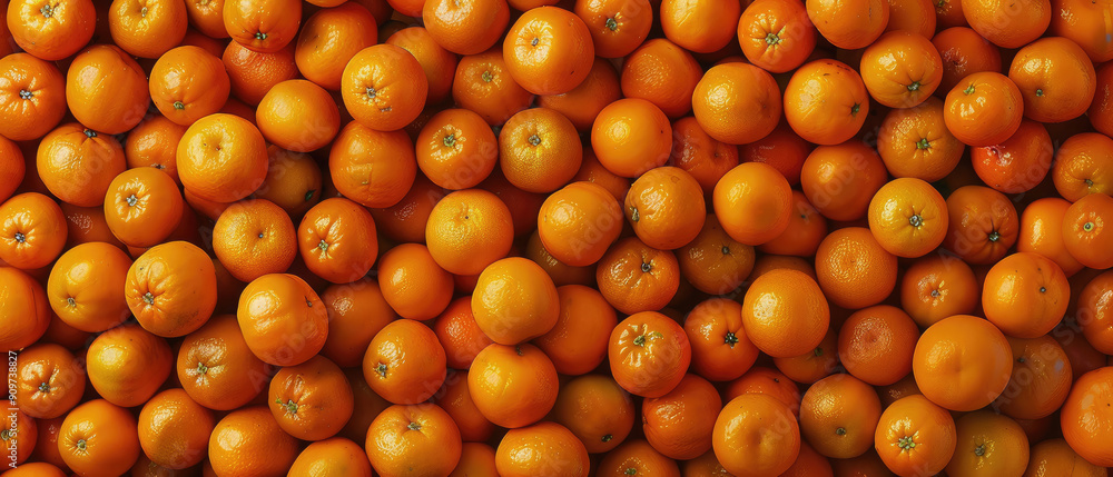 View of a bunch of fresh ripe Oranges fruits with neatly stacked leaves arranged from above on a wide flat textured background View of a bunch of fresh ripe Oranges fruits with neatly stacked leaves arranged from above on a wide flat textured background
