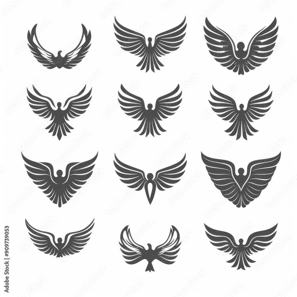 Wings flat icon, angel wings emblem, bird feathers minimal silhouette, pigeon sign, spirituality symbol Wings flat icon, angel wings emblem, bird feathers minimal silhouette, pigeon sign, spirituality symbol