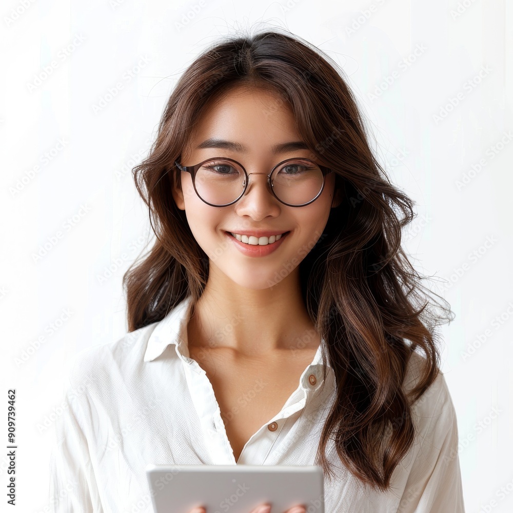 Young asian woman isolated, company worker in glasses, smiling and holding digital tablet Young asian woman isolated, company worker in glasses, smiling and holding digital tablet