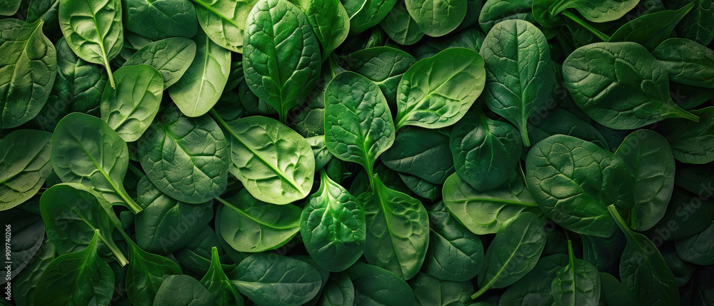 View of a bunch of fresh green Spinach vegetables with neatly stacked leaves arranged from above on a wide flat textured background View of a bunch of fresh green Spinach vegetables with neatly stacked leaves arranged from above on a wide flat textured background