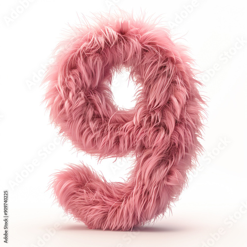 Pink furry number nine on white background