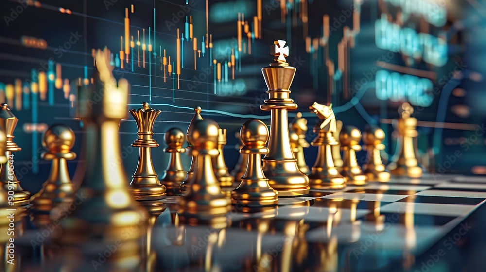 Golden chess pieces on a digital display with abstract financial charts and graphs Golden chess pieces on a digital display with abstract financial charts and graphs