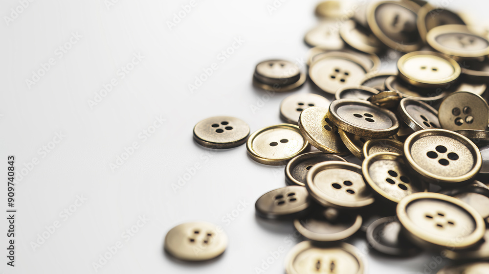 Pile of golden buttons scattered on white surface, sewing accessories concept Pile of golden buttons scattered on white surface, sewing accessories concept