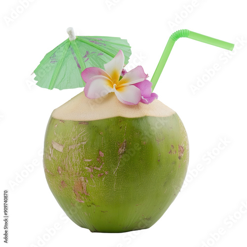 Fresh green coconut with a pink flower, green straw, and umbrella, tropical refreshment, isolated on white background. photo