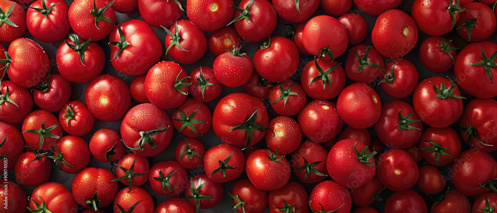 View of a bunch of fresh ripe Tomato vegetables with neatly stacked leaves arranged from above on a wide flat textured background
View of a bunch of fresh ripe Tomato vegetables with neatly stacked leaves arranged from above on a wide flat textured background
